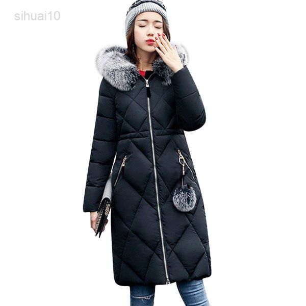 

women hoodie down jacket winter long down jacket large fur collar thick korean overcoat fashion cotton outerwear long woman jacket l220725, Black