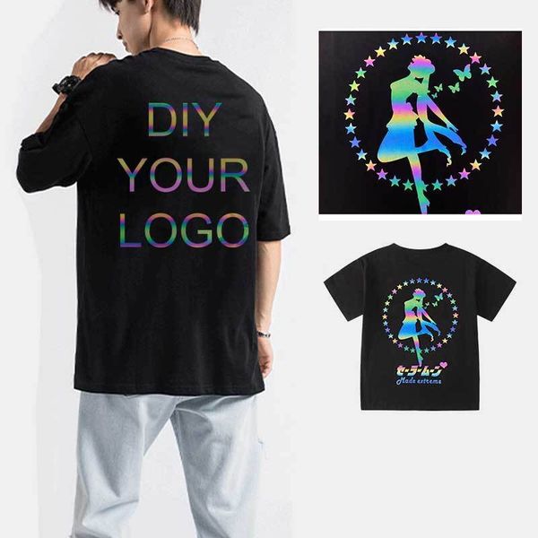 

coustom your design t shirts diy reflective rainbow streetwear hip hop oversize men tees cotton half sleeve man clothes 220608, White;black