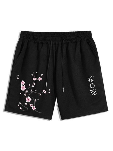 

romwe guys sakura print shorts u2mm#, White;black