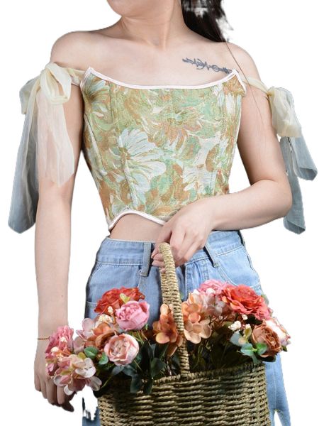 

floral pattern knot detail lace-up back overbust corset d2ee#, Black;red