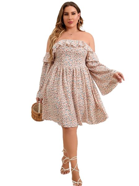 

plus ditsy floral off shoulder flounce sleeve dress 544d#, Black