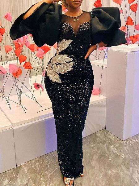 

women black long dress sequined shiny glitter embroidered chest wrapped puff sleeve classy winter fall party celebrity birthday 220520, Black;gray