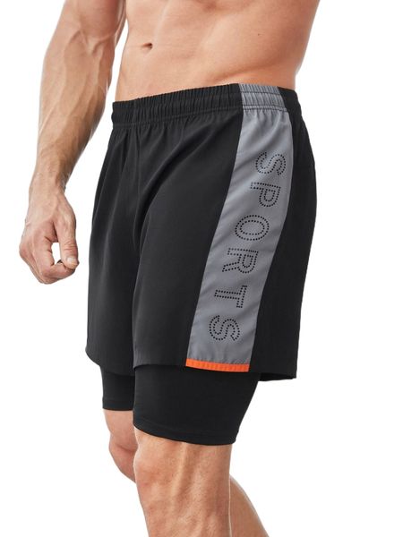 

men letter graphic 2 in 1 sports shorts with phone pocket y74i#, White;black