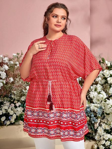 

plus floral print tie front blouse x8td#, Black