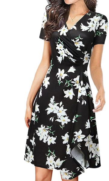 

vintage v-neck short sleeve slim ruffle hem a-line dress swing casual cocktail party dresses 76hw#, Black;gray