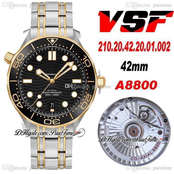 

vsf v2 diver 300m a8800 automatic mens watch two tone yellow gold ceramics bezel black wave texture dial steel bracelet 210.22.42.20.01.001, Slivery;brown