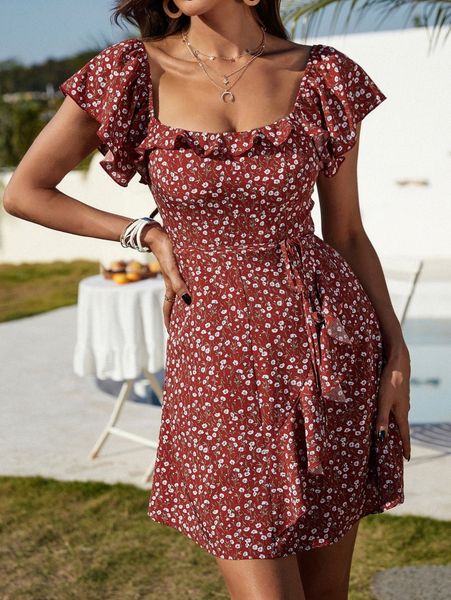 

ditsy floral print ruffle trim belted dress 398z#, Black;gray