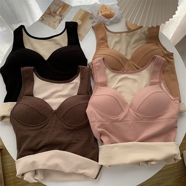 

t shirt women elasticity t-shirt woman clothes slim tshirt female sleeveless velvet tank crop warm winter 220318, White