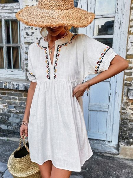 

floral embroidery notched neck dress 86lt#, Black;gray