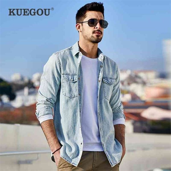 

kuegou 100% cotton clothing denim shirt men spring south korean fashion casual shirt man's shirt plus size bc-6276 210331, White;black