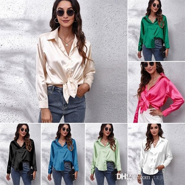 

imitation silk womens elegant shirt 2022 fashion lapel neck cardigan long sleeve solid color satin blouse ladies, White