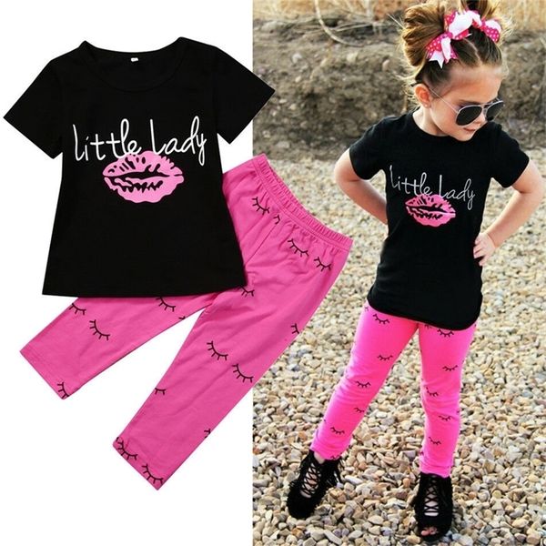USA 1 6Year Kid Clothes Baby Girl Outfits T-shirt Lettera Lip Tops Pantaloni lunghi stampati Set da ragazza 220620