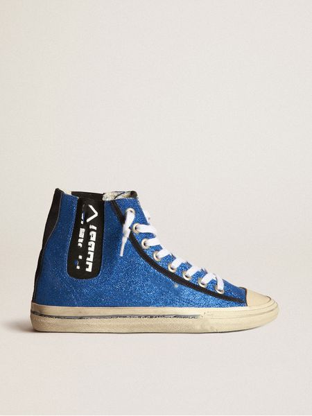 High Top Dirty Shoes Luxuriöse italienische Vintage-Hand-V-Star-Designer-Sneaker in Electric Blue Micro Glitter mit weißem Lackleder XX und schwarzen elastischen Einlagen