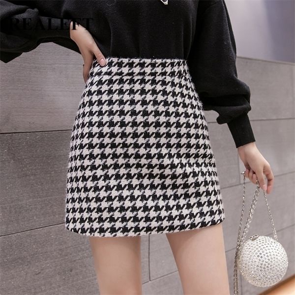 

realeft autumn winter stylish houndstooth skirt women woolen skater skirts high waist a-line mini female 220401, Black