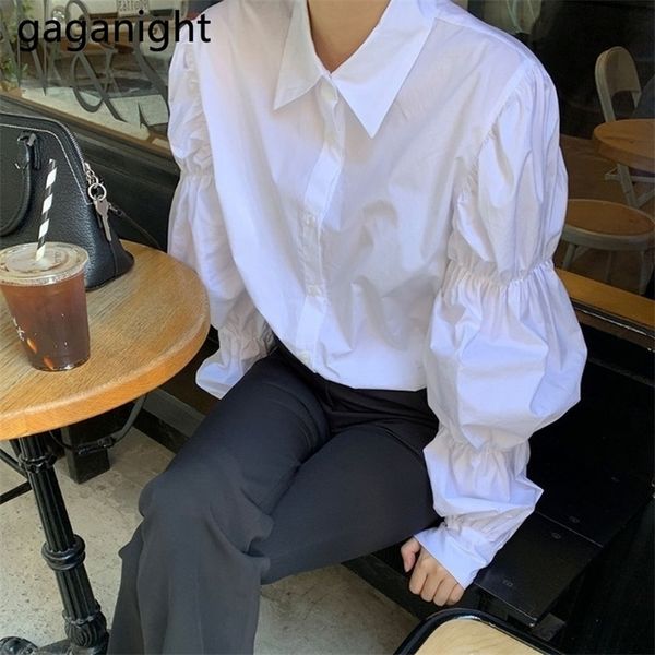 

gaganight women white shirt puff long sleeve turn down collar korean office lady blouse fashion single breasted shirts 210326