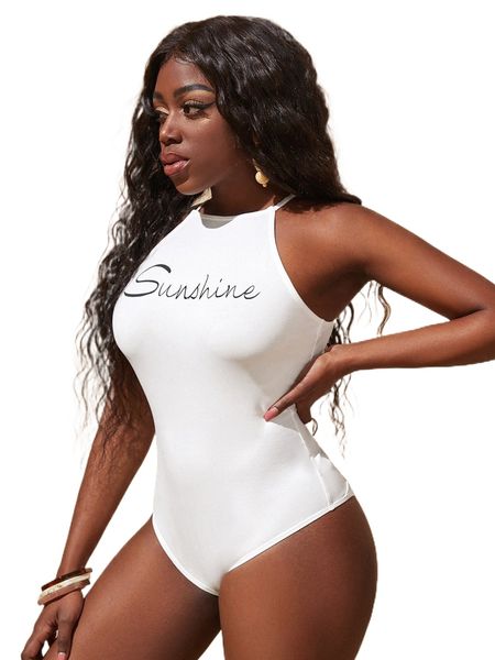 

sxy letter graphic halter neck bodysuit v1om#, White