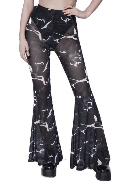 

graphic print ruffle hem mesh pants v9ar#, Black;white