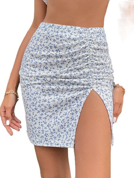 

ditsy floral ruched slit skirt i09p#, Black