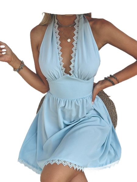 

solid contrast lace trim halter backless dress x1rs#, Black;gray