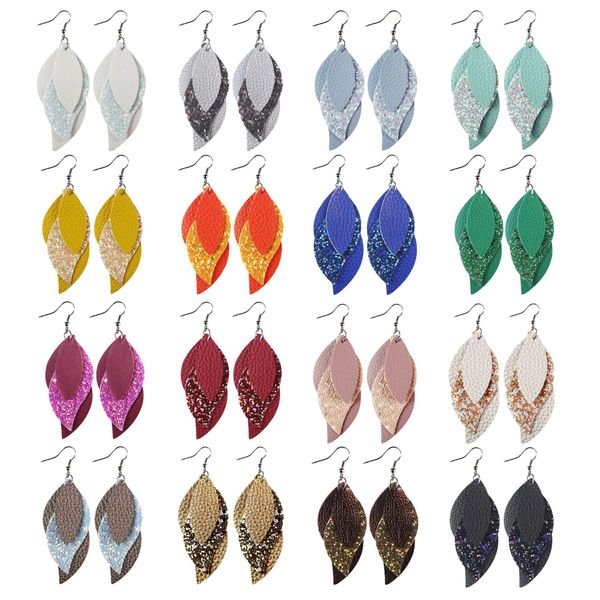 

litchi pattern sequin leaves wavy shape three-layer leather earrings, Golden;silver