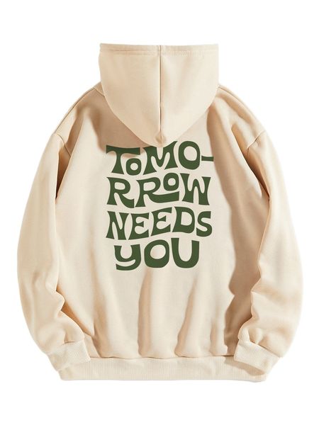 

slogan graphic drawstring thermal lined hoodie 78to#, Black