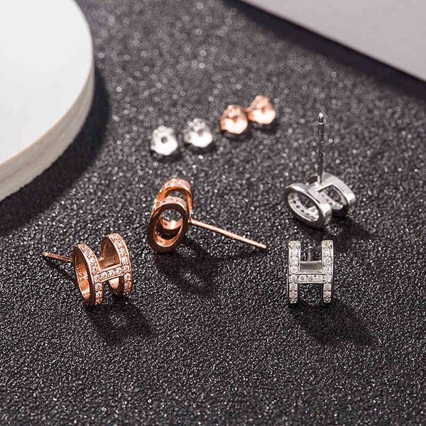 

s925 sterling silver h letter full diamond earrings women's three-dimensional diamond h sweet simple temperament versatile earrings us, Golden
