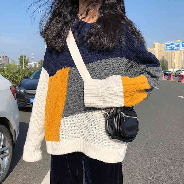 

vintage geometric pattern oneck loose casual fashion basic long sleeve women female regular sweaters 210426, White;black