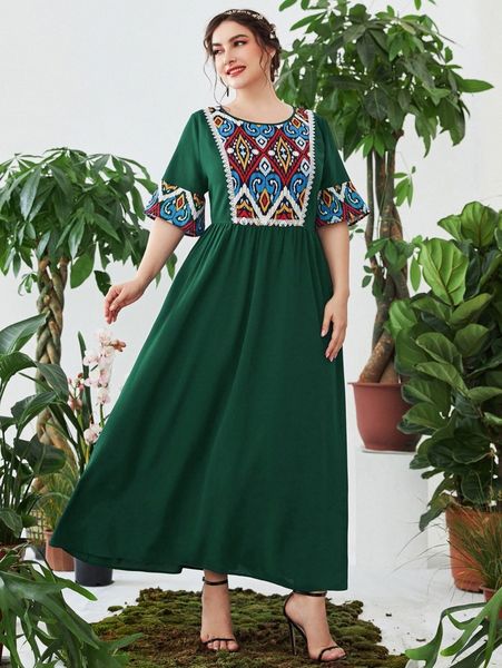 

plus geo print contrast guipure lace flounce sleeve dress m3h1#, Black