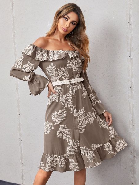 

plant print off shoulder flounce sleeve ruffle hem dress without belt r42g#, Black;gray