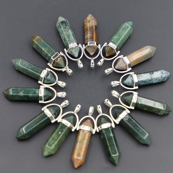 

natural stone charms india agate hexagon pillar point pendants reiki crystal jewelry making necklace accessories wholesale, Bronze;silver