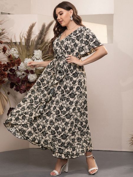 

plus floral print flutter sleeve ruffle trim belted dress j5ze#, Black