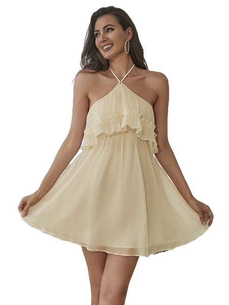 

double crazy ruffle trim tassel tie backless mesh halter dress z1mw#, Black;gray