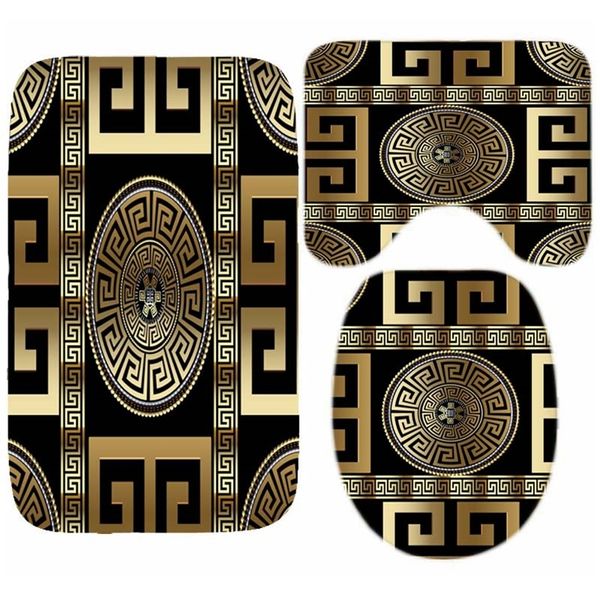 Luxo preto grego grego key meandro beira beira banho conjunto moderno geométrico ornamentado banheiro esteira de porta para toalete decoração tapete de piso 220401