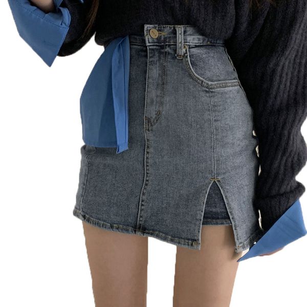 

women's high waist slim irregular split slim denim short skirt casual hakama, Black