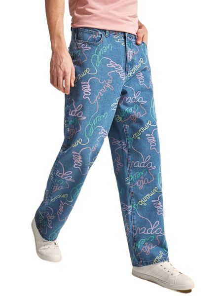 

men allover print slant pocket jeans i02b#, Blue