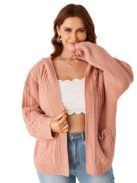 

plus cable knit drop shoulder hooded open front cardigan p1pn#, Black