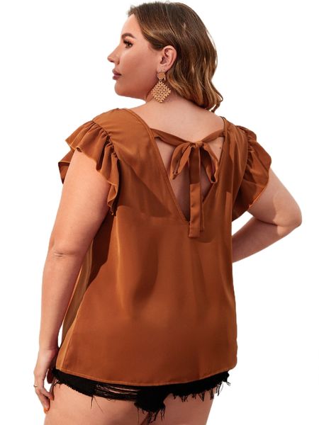 

plus flutter sleeve tie back blouse z4mm#, Black