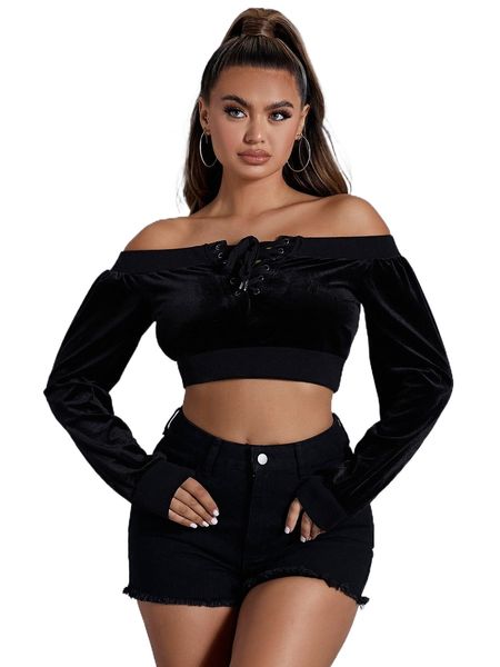 

sxy grommet lace up off shoulder crop velvet pullover m5fm#, Black
