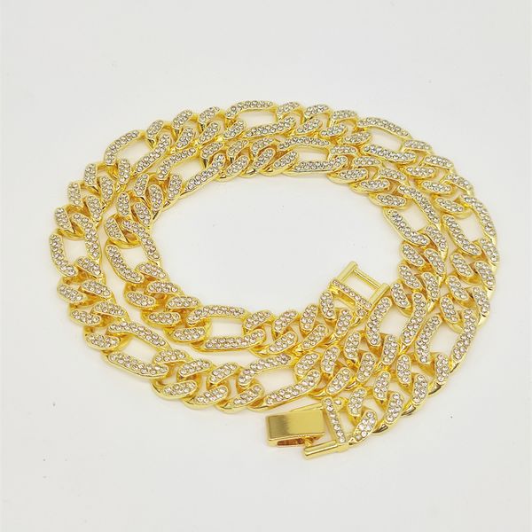 

hip-hop domineering 12.5mm wide necklace watch buckle three short one long full diamond cuban chain necklace, Silver