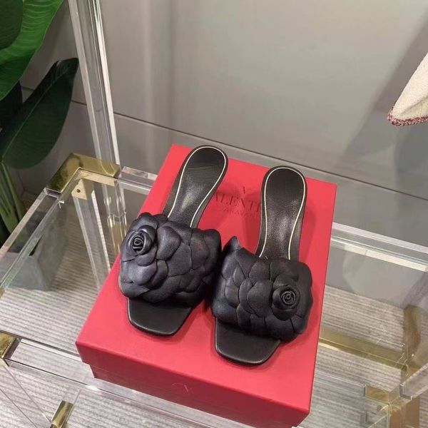 

slippers women's 2022 new early spring catwalk square toe black op65 rose flat one-word slippers with high heels big fashion brands in