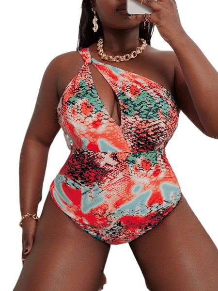 

plus snakeskin print one shoulder cut out one piece swimsuit z3a7#, White;black