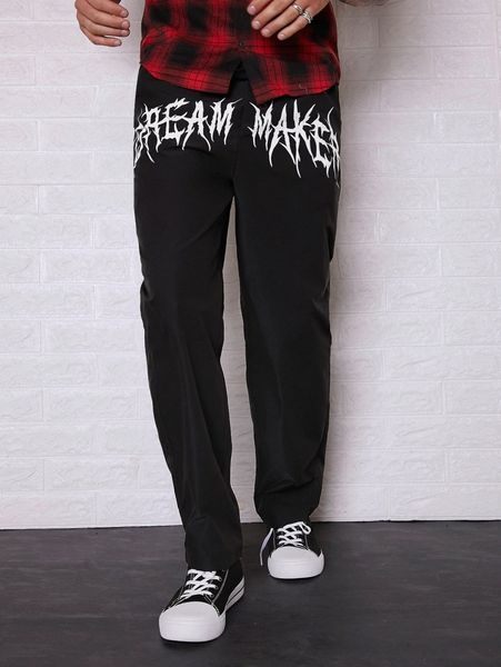 

men letter graphic drawstring waist pants i7lf#, Black