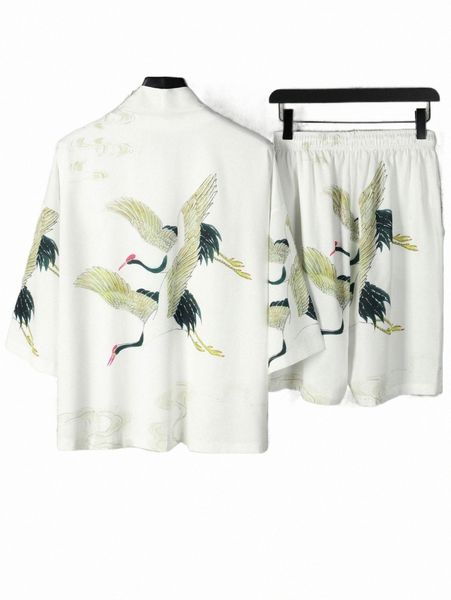 

men random crane print drop shoulder kimono & shorts without tee 93c6#, Gray