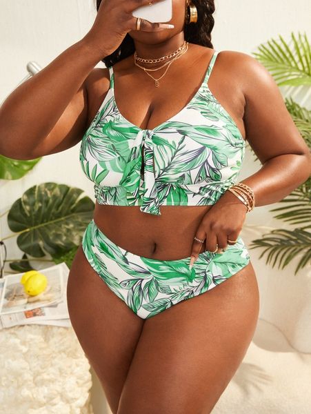 

plus plant print knot front bikini swimsuit g781#, White;black