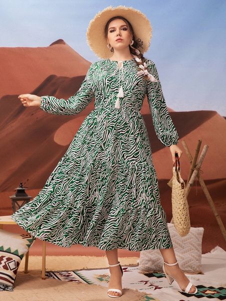 

plus all over print tassel tie lantern sleeve ruffle hem dress 05ip#, Black