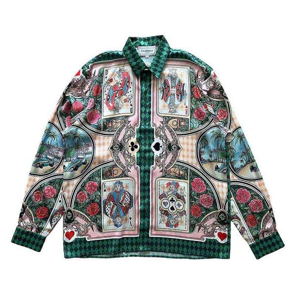 

casablanca new silk shirts poker printed long sleeve shirt loose shirt satin tees, White;black