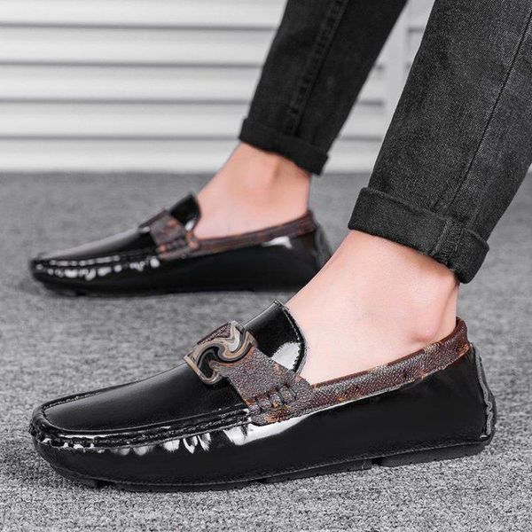 

loafers men shoes pu leather solid color round toe flat casual fashion business party metal decoration trend classic simple peas shoes hm291, Black