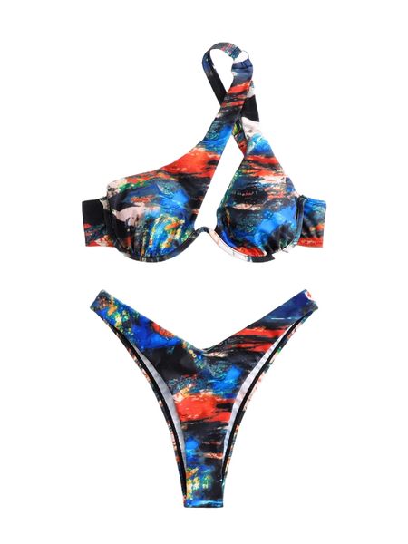 

tie dye one shoulder underwire high cut bikini swimsuit c1ak#, White;black