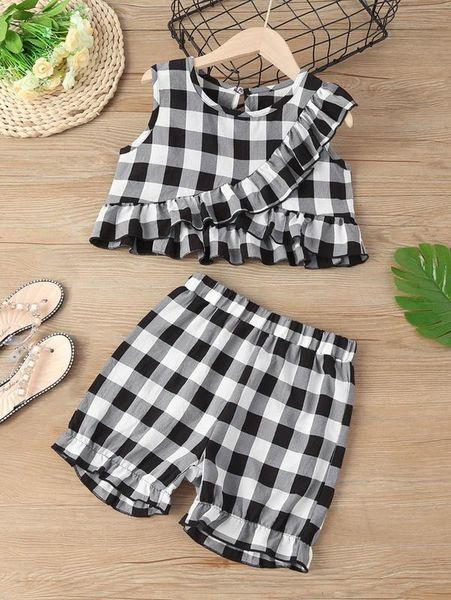 

girls buffalo plaid ruffle trim crop tank & frill hem shorts she, White