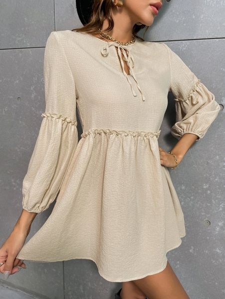 

lantern sleeve tie neck frill trim dress a1n7#, Black;gray